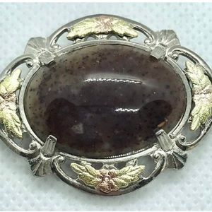 Silver, Vintage LS Peterson Co. Black Hills 12K Gold Leaf, Brown Agate Brooch